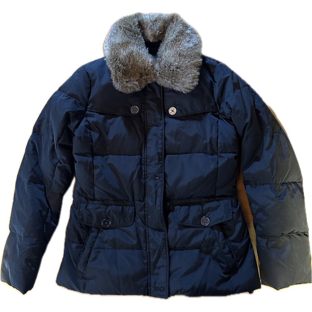 Lands' End Women's XS‎ Black Down Jacket Faux Fur Collar Winter Quilted
